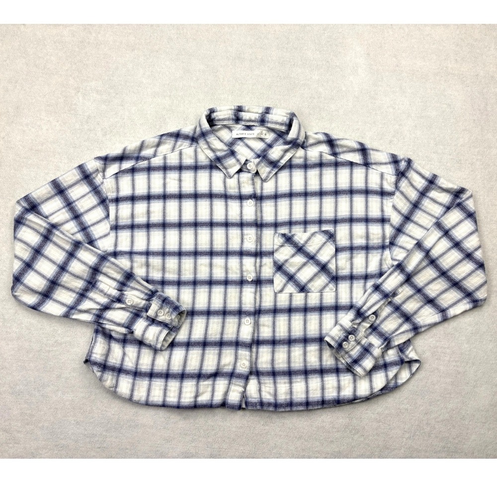 Altar'd State Plaid Flannel Button Down Shirt Blue Cream Cropped Womens Medium M
